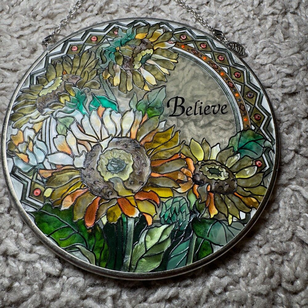 Stained Glass Believe Sun Flowers Round Sun Catcher Hanging Art 4.5" Colorful - Picture 5 of 5